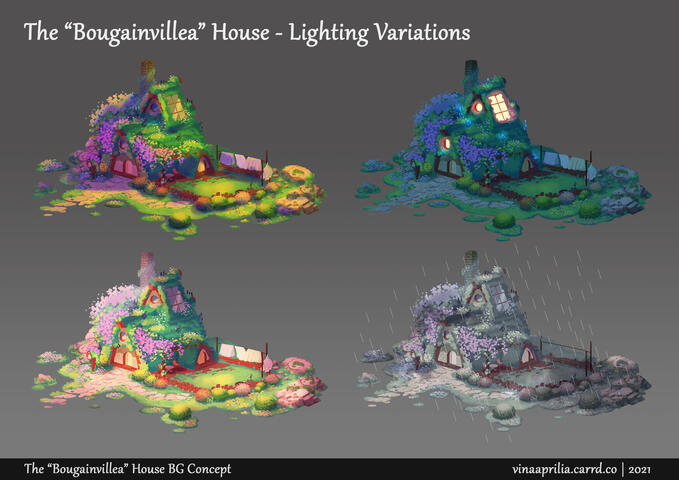 Bouganville house. A triangle house that is covered by greeneries and purple bouganville flowers.